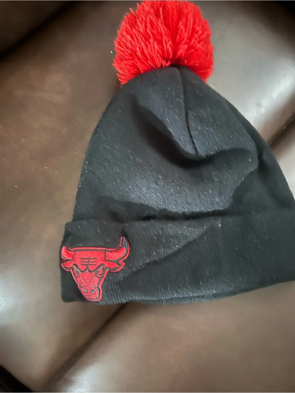 Kids Black and Red Pom-Pom Beanie Hat with Bull Logo